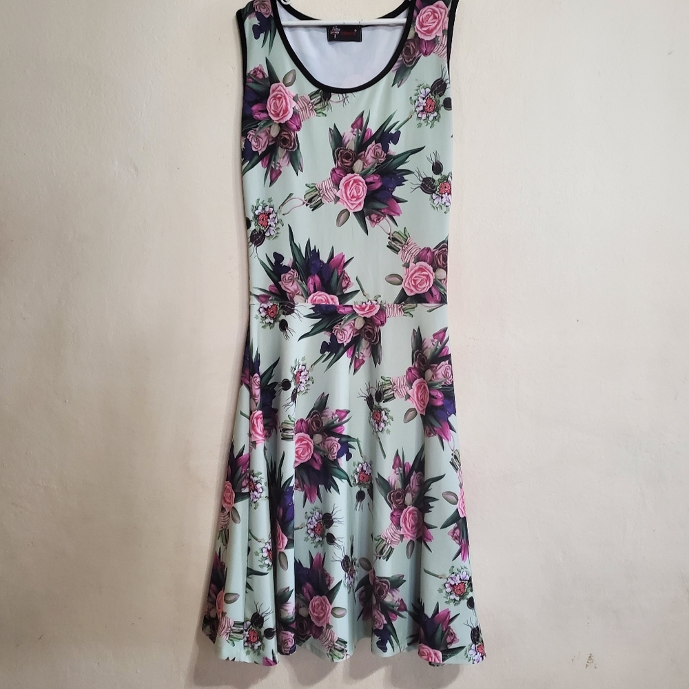 Insanity dress size Small mint green with pink flowers flair skirt.